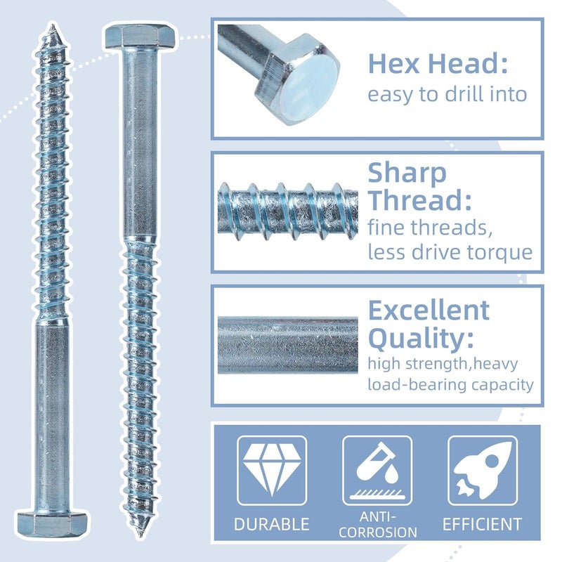 AiVeUao 100 Pack Wood Lag Screws, 3/8" x 6" Hex Head Lag Bolts, Heavy Duty Hex Head Lag Screws, Wood Screw with Washers - Image 3